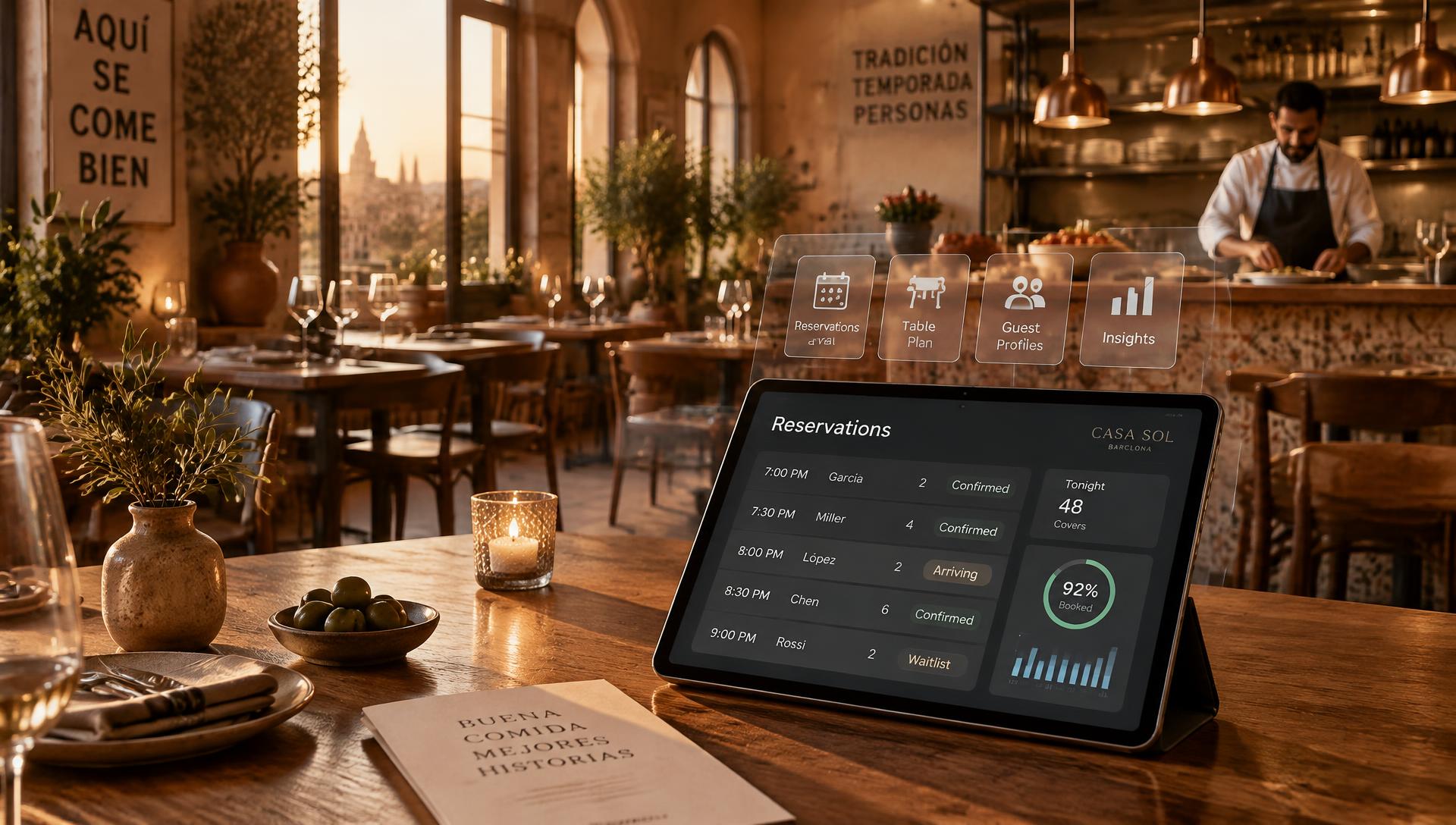 Interior de un restaurante español moderno con tablet de reservas
